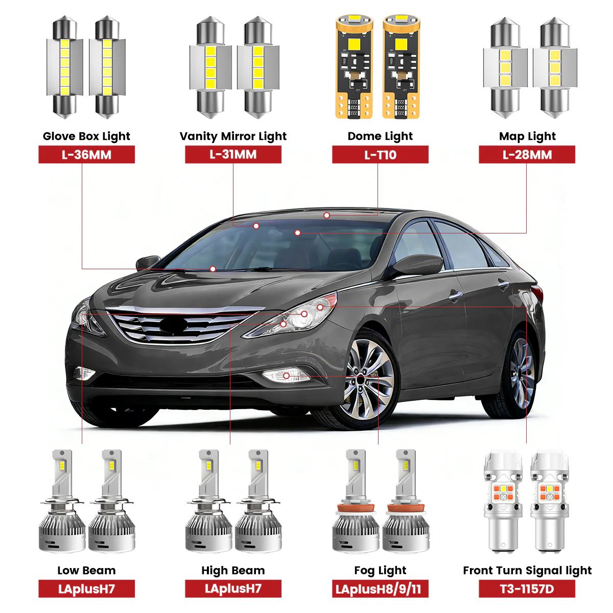 Fit for 2011-2014 Hyundai Sonata The Brightest LED Bulbs Upgrade
