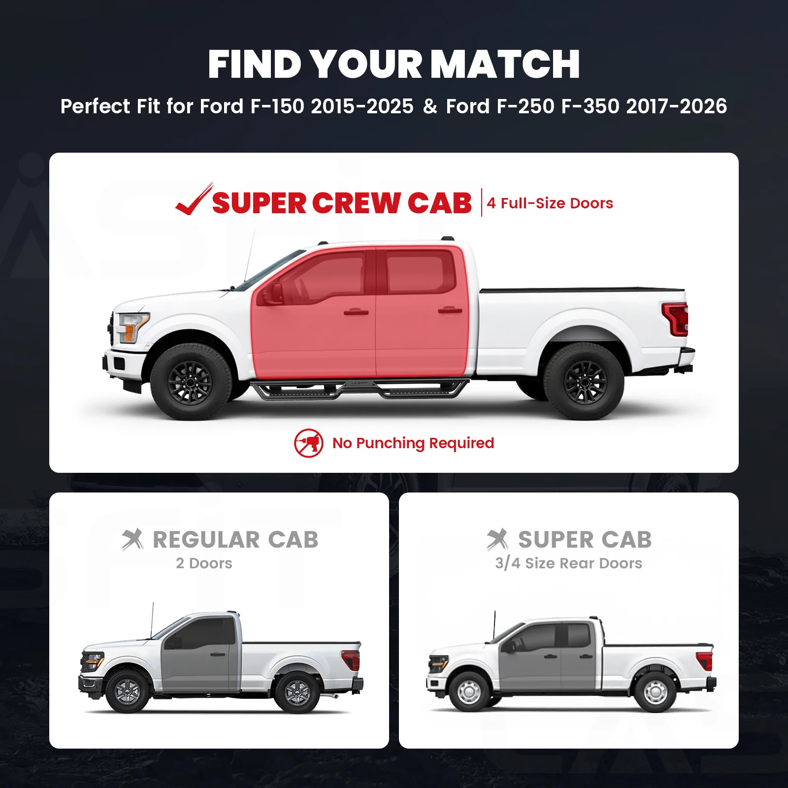 Fit for 2015-2026 Ford F-150 Running Boards Side Steps, Fit SuperCrew Cab ONLY - Image 2