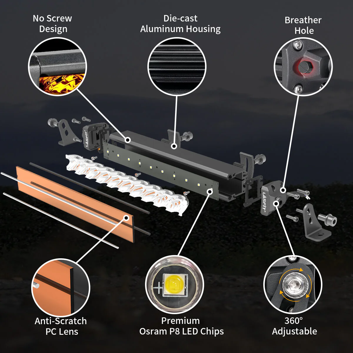 Lasfit 42" Off-Road LED Amber Light Bar With Slim Single Row Combo Flood Spot Design | Roof Rack Windshield Mount - Image 17